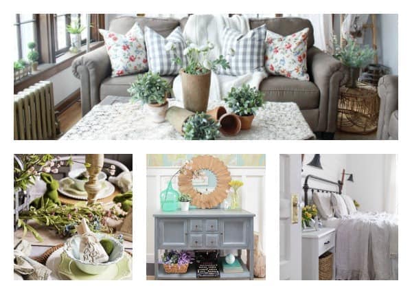 A collage of home decor for spring on a couch, dining table, entry table, and in a bedroom.