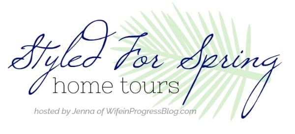 Graphic with text that reads \"Styled for Spring Home Tours\" and a green leaf in the background.
